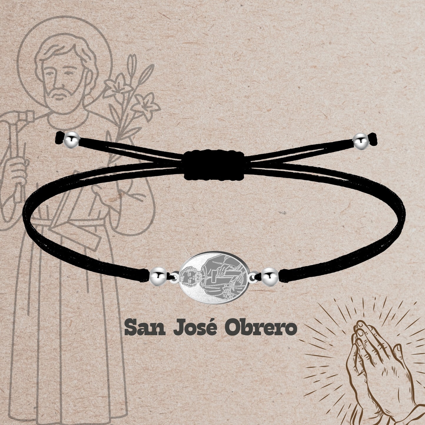 Pulsera Hilo Encerado con SAN JOSE OBRERO color Plateado