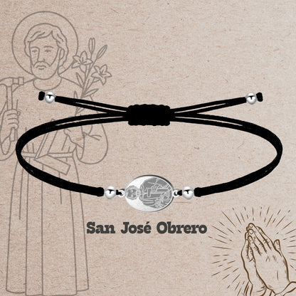 Pulsera Hilo Encerado con SAN JOSE OBRERO color Plateado