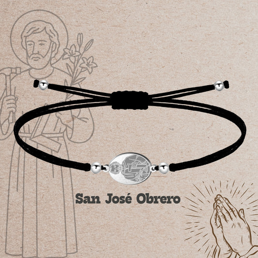 Pulsera Hilo Encerado con SAN JOSE OBRERO color Plateado