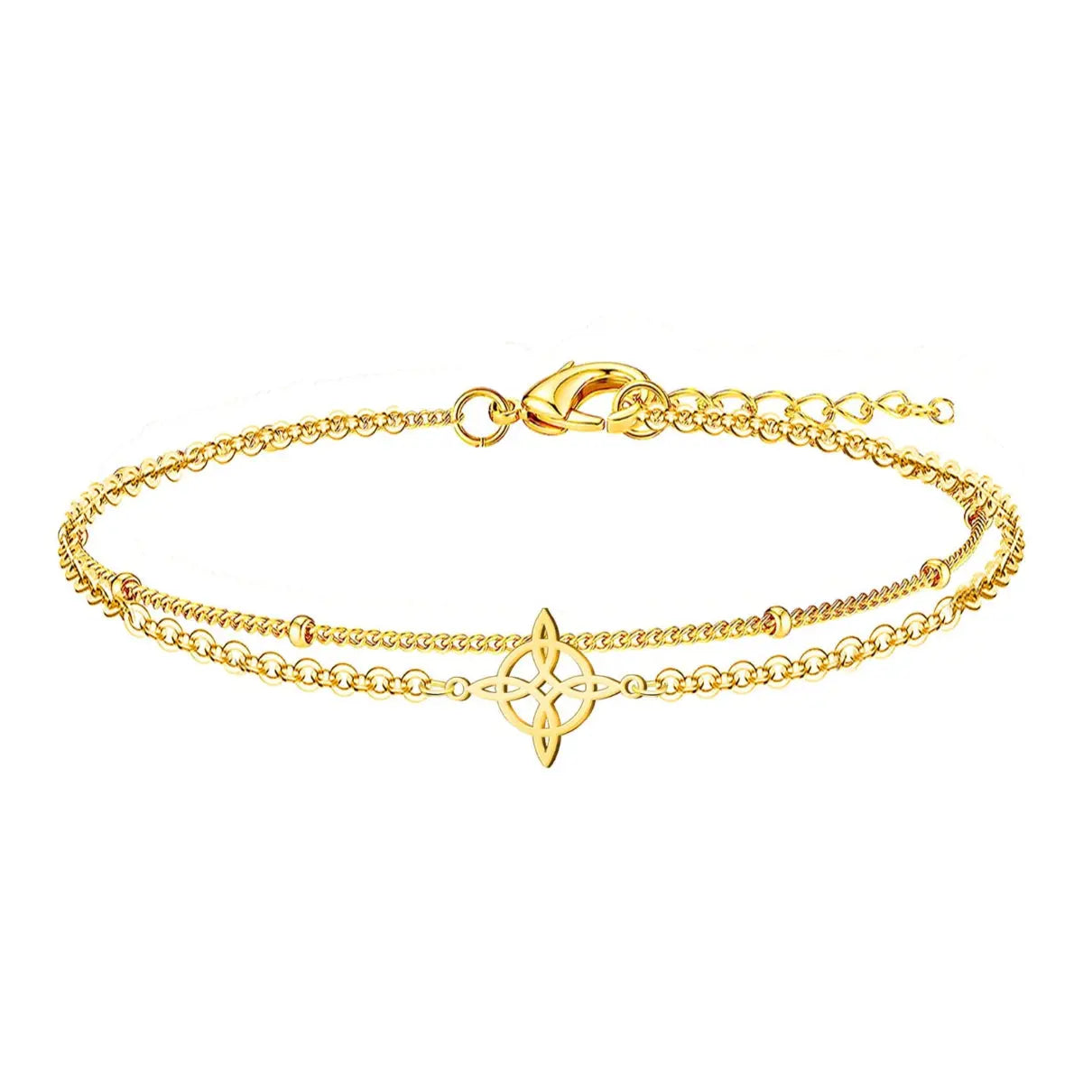 Pulsera de doble cadena (eslabones y bolitas) en acero inoxidable dorado con charm central del Nudo de Bruja, joya de protección estilo layering.
