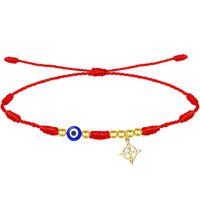 Pulsera de hilo rojo 7 nudos con charm del Nudo de Bruja dorado y cuenta de Ojo Turco azul, amuleto de triple protección en acero inoxidable.