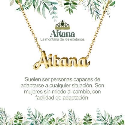 Collar con Nombre en Acero Inoxidable, Color Dorado, Incluye Tarjeta con el Significado de 60 Nombres + Caja de Regalo  y Pulsera 7 Nudos de Regalo