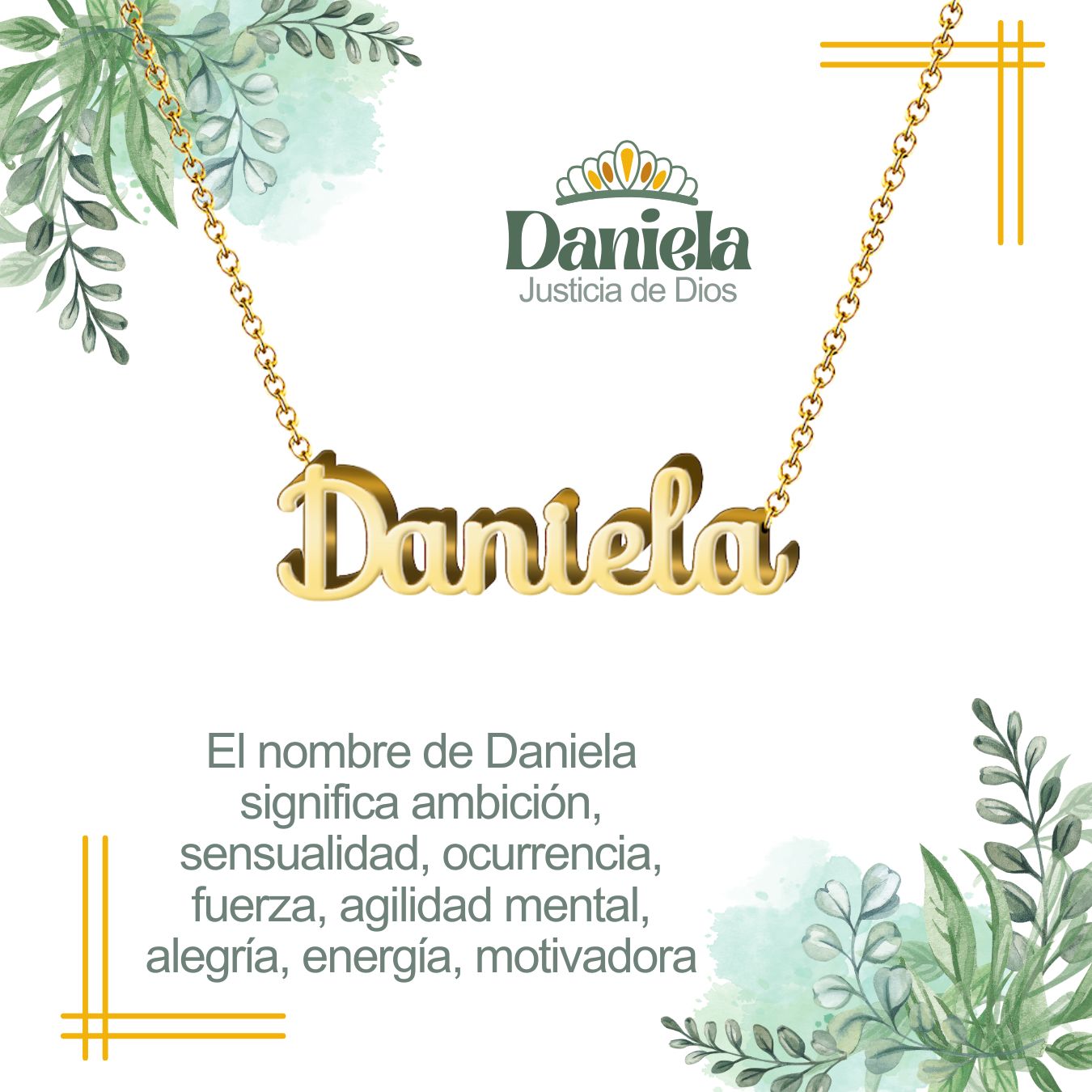 Collar con Nombre en Acero Inoxidable, Color Dorado, Incluye Tarjeta con el Significado de 60 Nombres + Caja de Regalo  y Pulsera 7 Nudos de Regalo