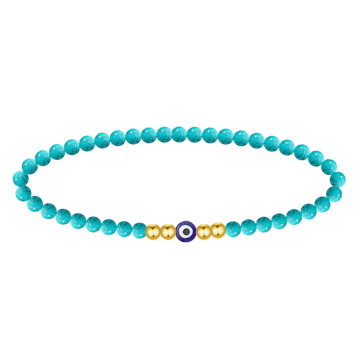 Pulsera de cuentas turquesas con ojo turco central azul y detalles en bolas doradas de acero.