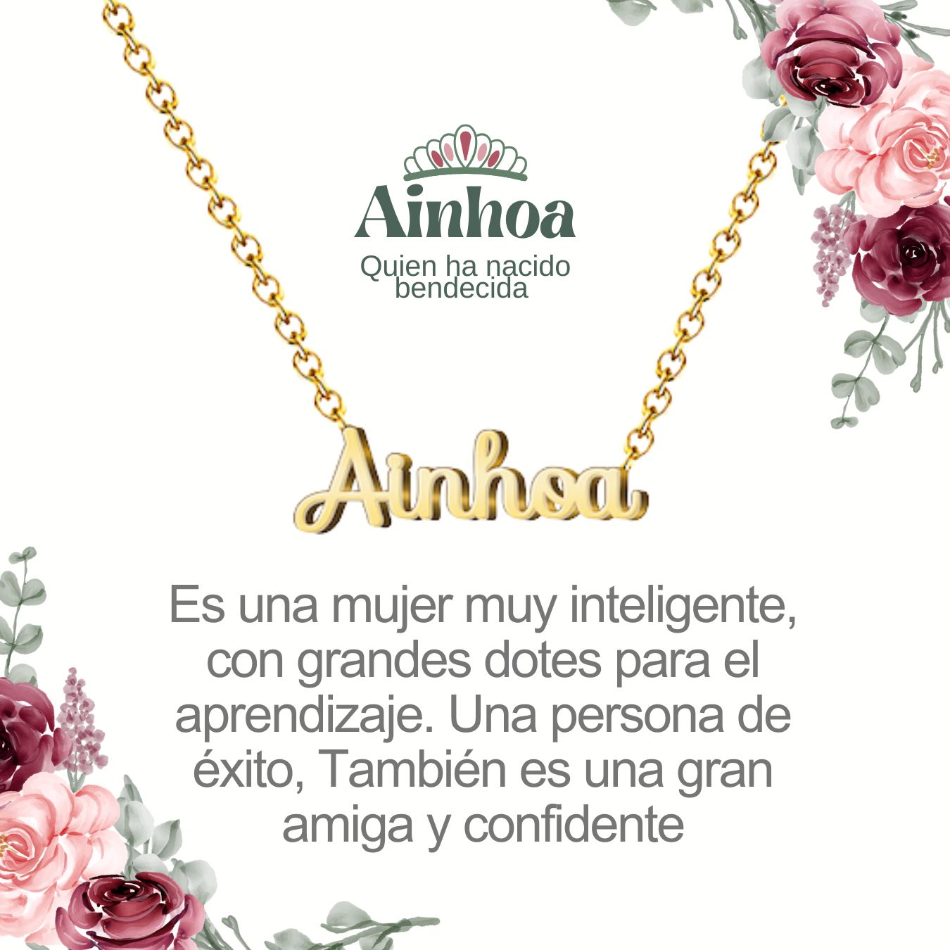 Collar con Nombre en Acero Inoxidable, Color Dorado, Incluye Tarjeta con el Significado de 60 Nombres + Caja de Regalo  y Pulsera 7 Nudos de Regalo