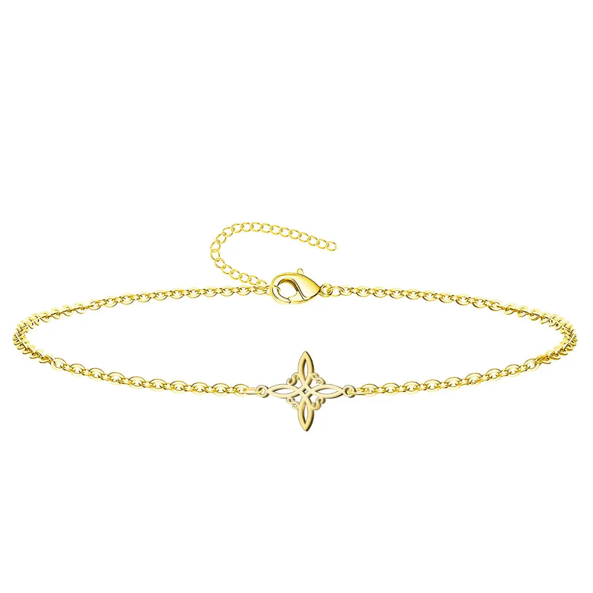 Pulsera de cadena fina con eslabones en acero inoxidable dorado y charm central del Nudo de Bruja, joya de protección minimalista.