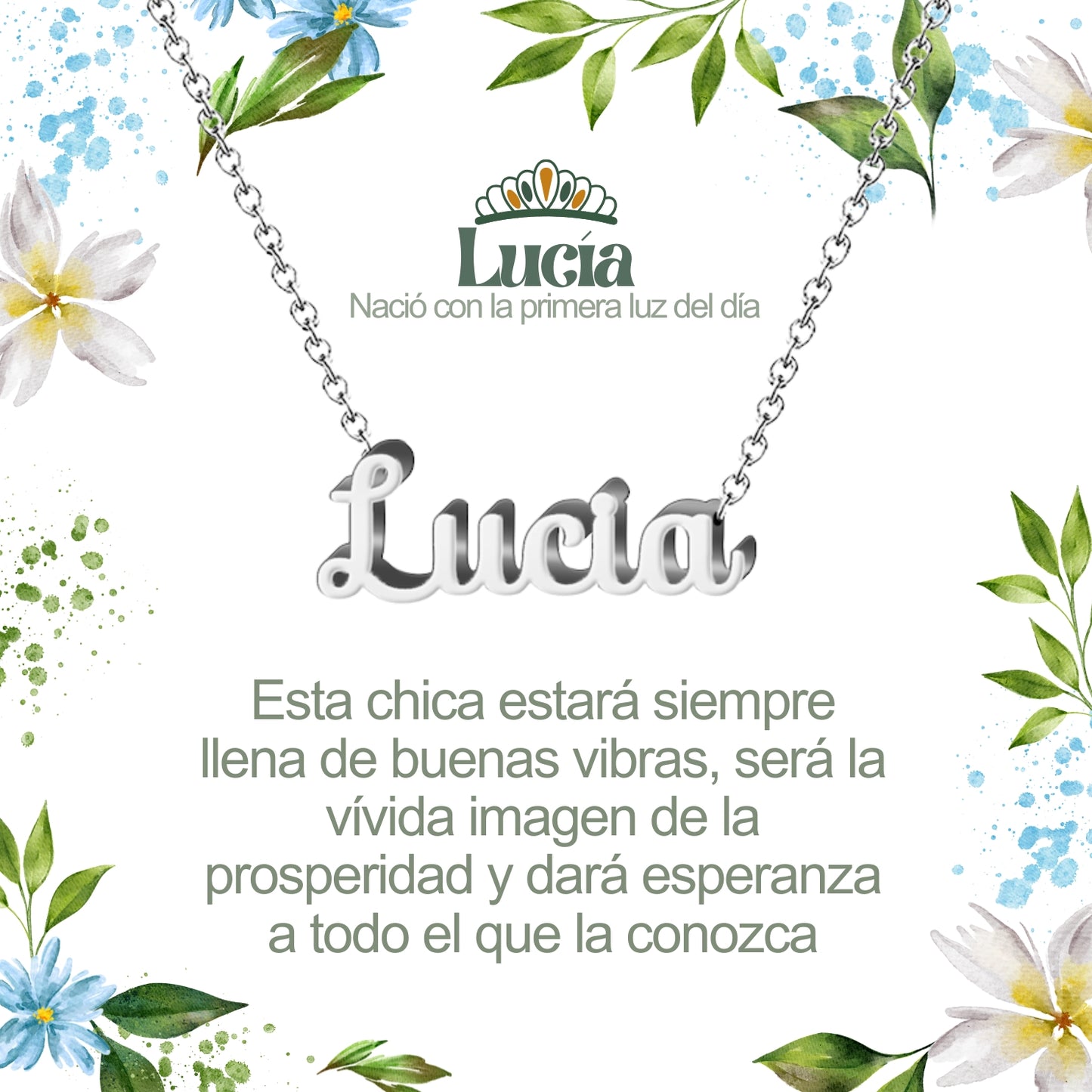 Collar con Nombre en Acero Inoxidable, Color Plateado, Incluye Tarjeta con el Significado de 60 Nombres + Caja de Regalo  y Pulsera 7 Nudos de Regalo