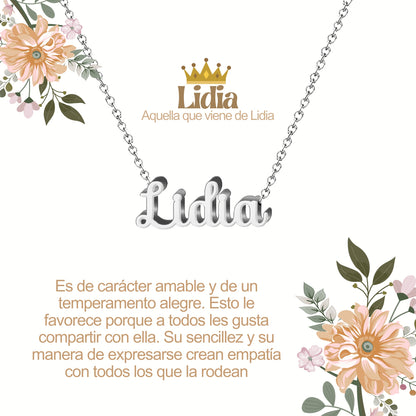 Collar con Nombre en Acero Inoxidable, Color Plateado, Incluye Tarjeta con el Significado de 60 Nombres + Caja de Regalo  y Pulsera 7 Nudos de Regalo
