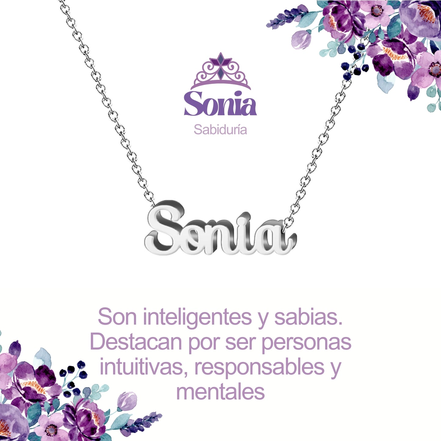 Collar con Nombre en Acero Inoxidable, Color Plateado, Incluye Tarjeta con el Significado de 60 Nombres + Caja de Regalo  y Pulsera 7 Nudos de Regalo