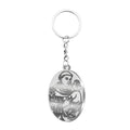 Llavero de San Antonio de Padua en acero inoxidable plateado, medalla ovalada con grabado religioso resistente, ideal para llaves de coche o casa.