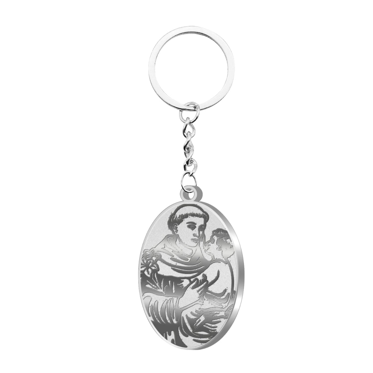Llavero de San Antonio de Padua en acero inoxidable plateado, medalla ovalada con grabado religioso resistente, ideal para llaves de coche o casa.