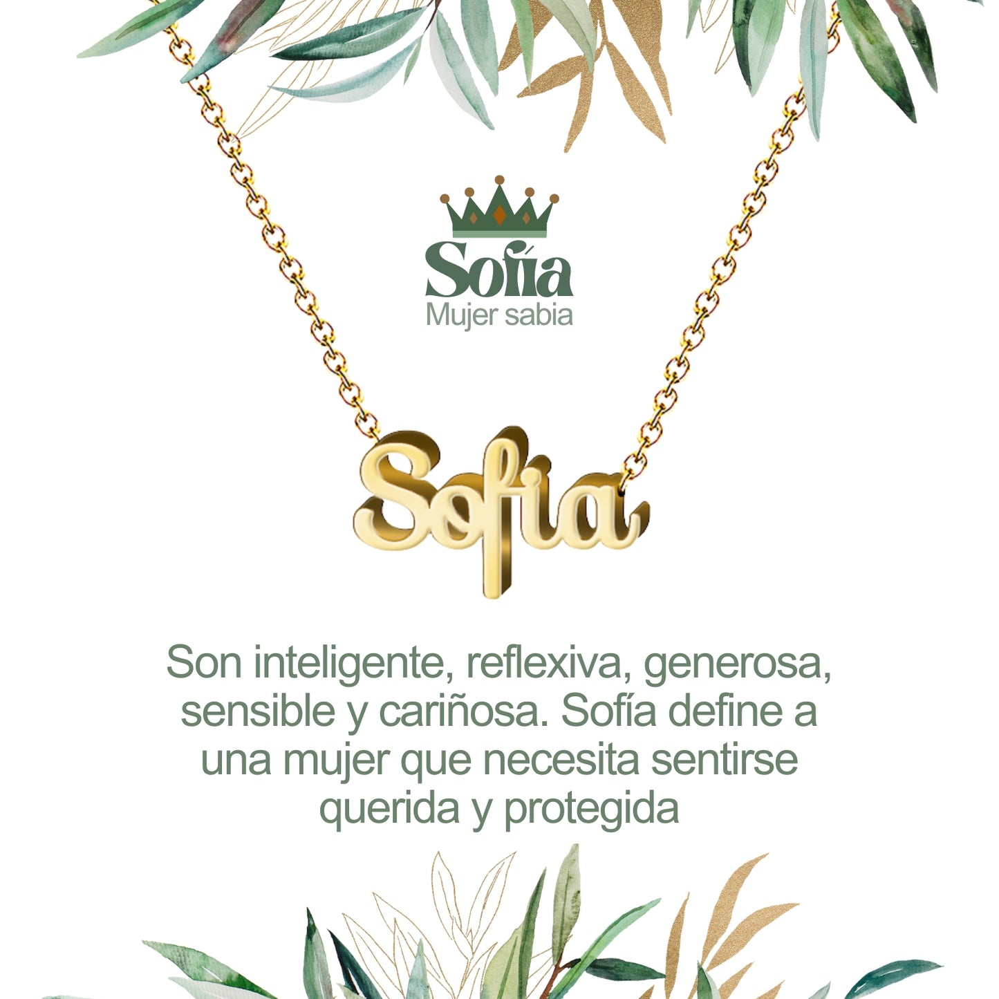 Collar con Nombre en Acero Inoxidable, Color Dorado, Incluye Tarjeta con el Significado de 60 Nombres + Caja de Regalo  y Pulsera 7 Nudos de Regalo
