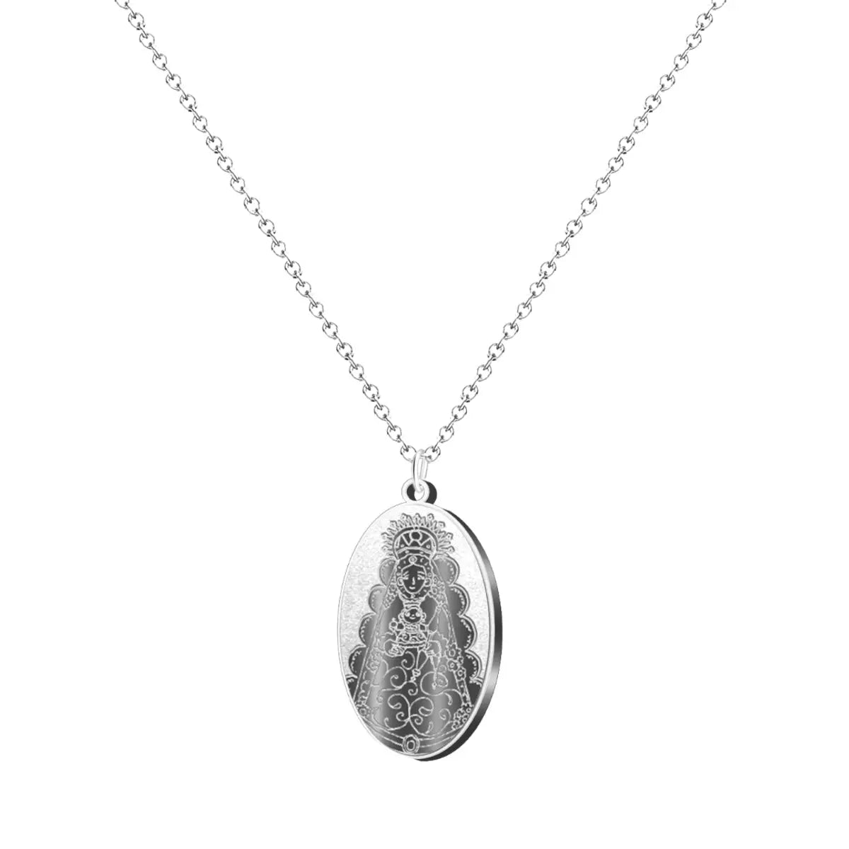 Collar con medalla ovalada de la Virgen del Rocío en acero plateado, grabado detallado de la silueta