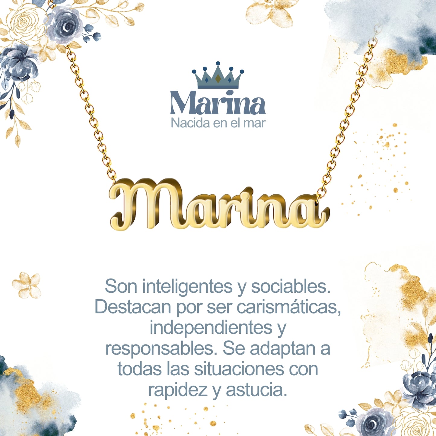 Collar con Nombre en Acero Inoxidable, Color Dorado, Incluye Tarjeta con el Significado de 60 Nombres + Caja de Regalo  y Pulsera 7 Nudos de Regalo