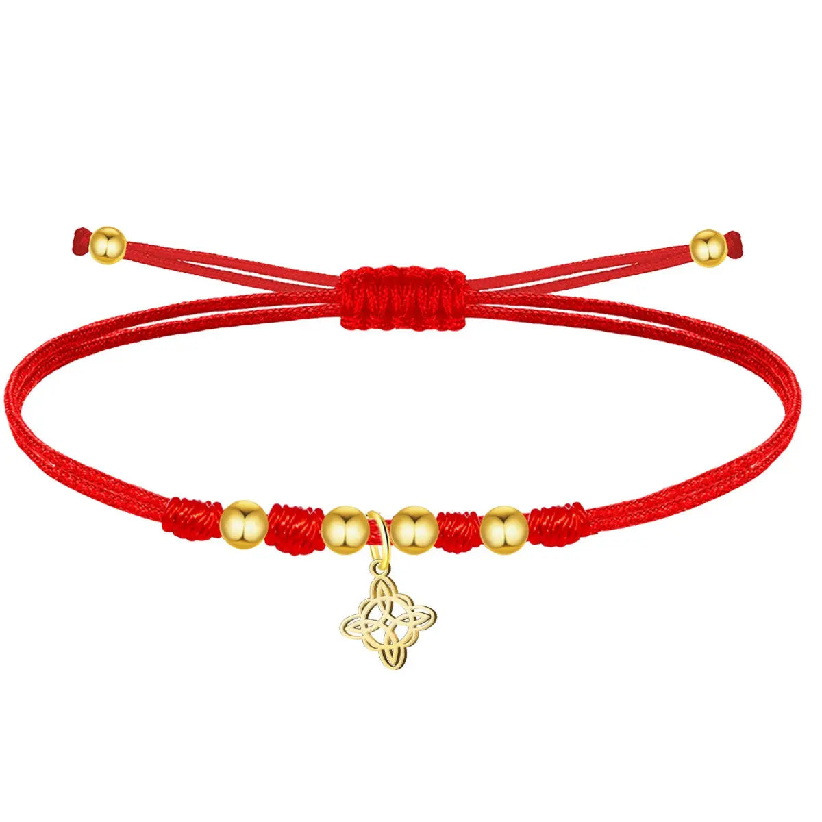 Pulsera de hilo rojo encerado con cuentas doradas y charm del Nudo de Bruja en acero inoxidable, amuleto resistente y ajustable.