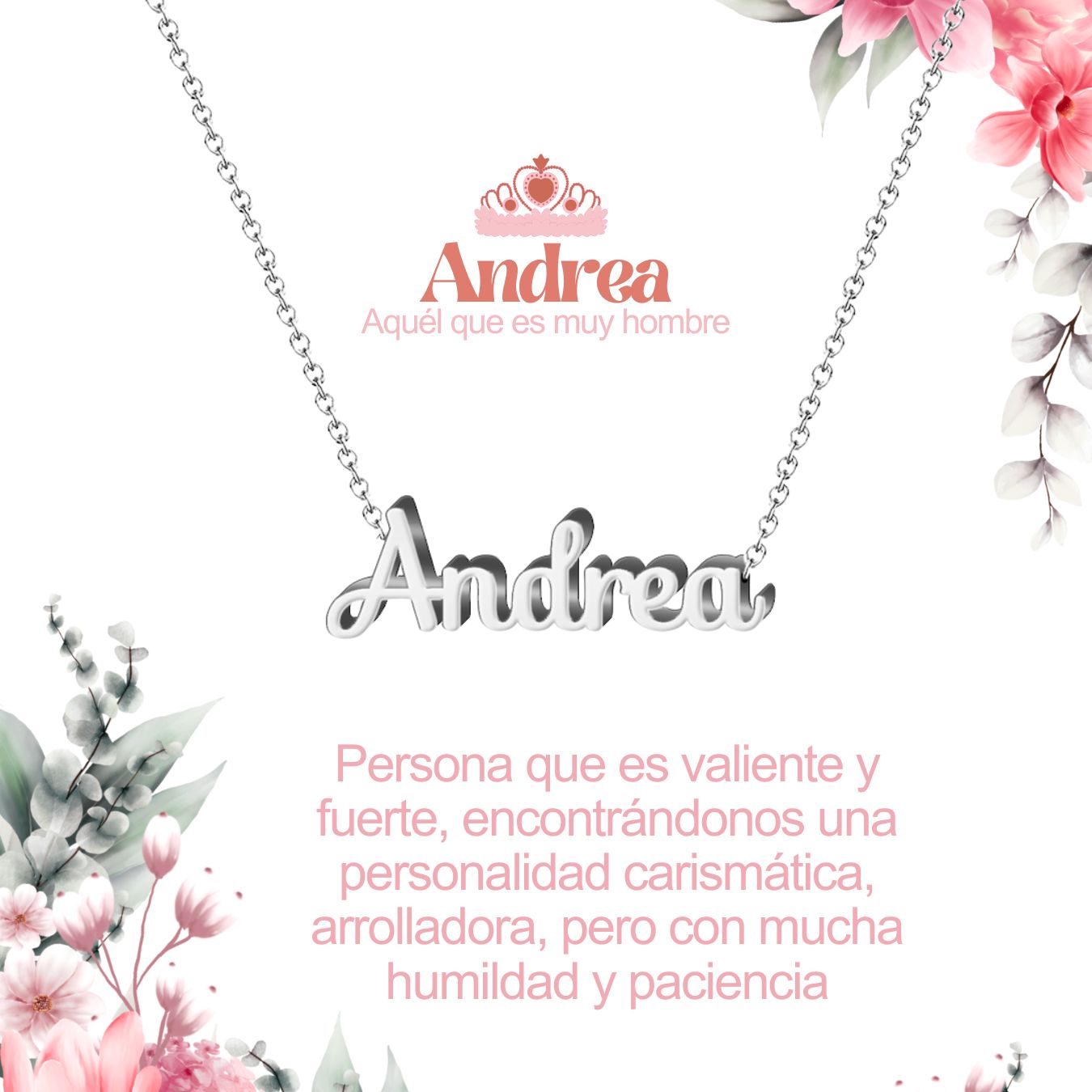 Collar con Nombre en Acero Inoxidable, Color Plateado, Incluye Tarjeta con el Significado de 60 Nombres + Caja de Regalo  y Pulsera 7 Nudos de Regalo