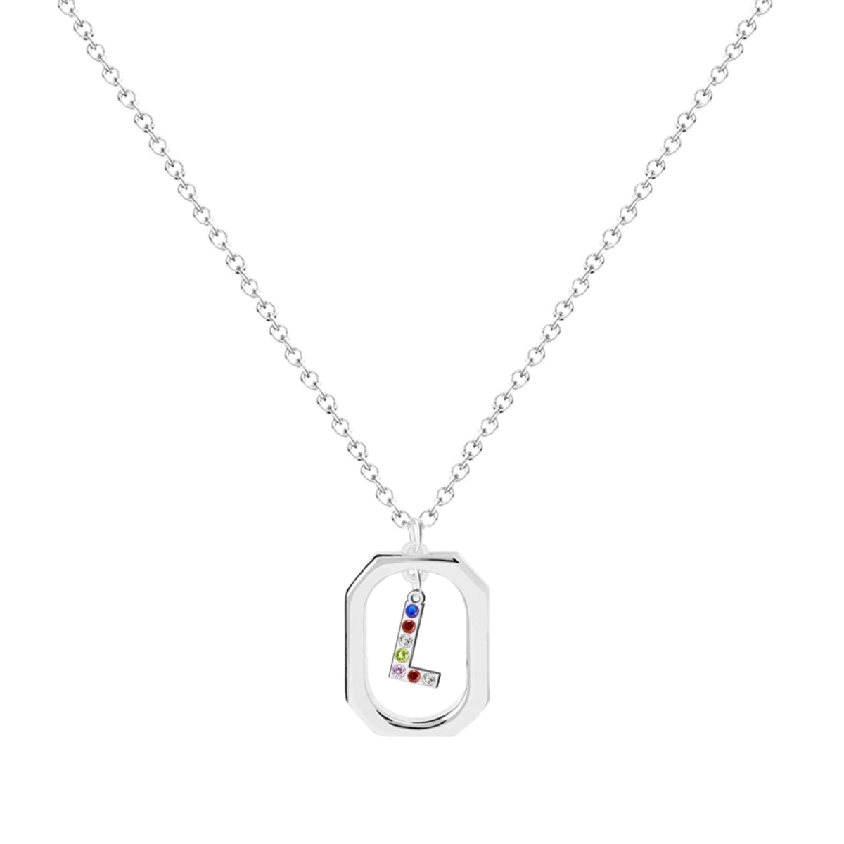 Collar plateado con inicial L en marco geométrico, cristales multicolor. Acero inoxidable 100%. Tarjeta con mensaje "Con L comienza la Luz".