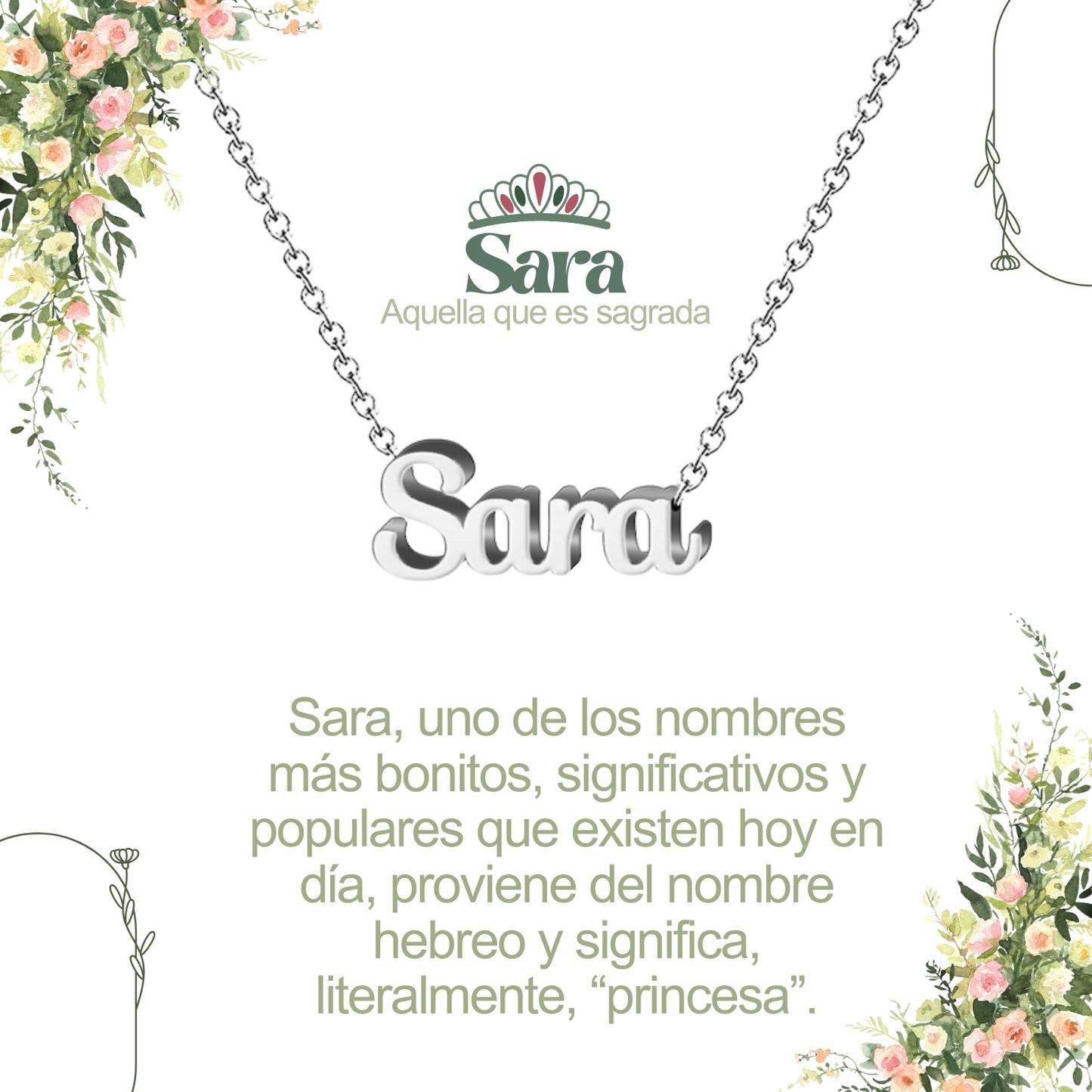 Collar con Nombre en Acero Inoxidable, Color Plateado, Incluye Tarjeta con el Significado de 60 Nombres + Caja de Regalo  y Pulsera 7 Nudos de Regalo