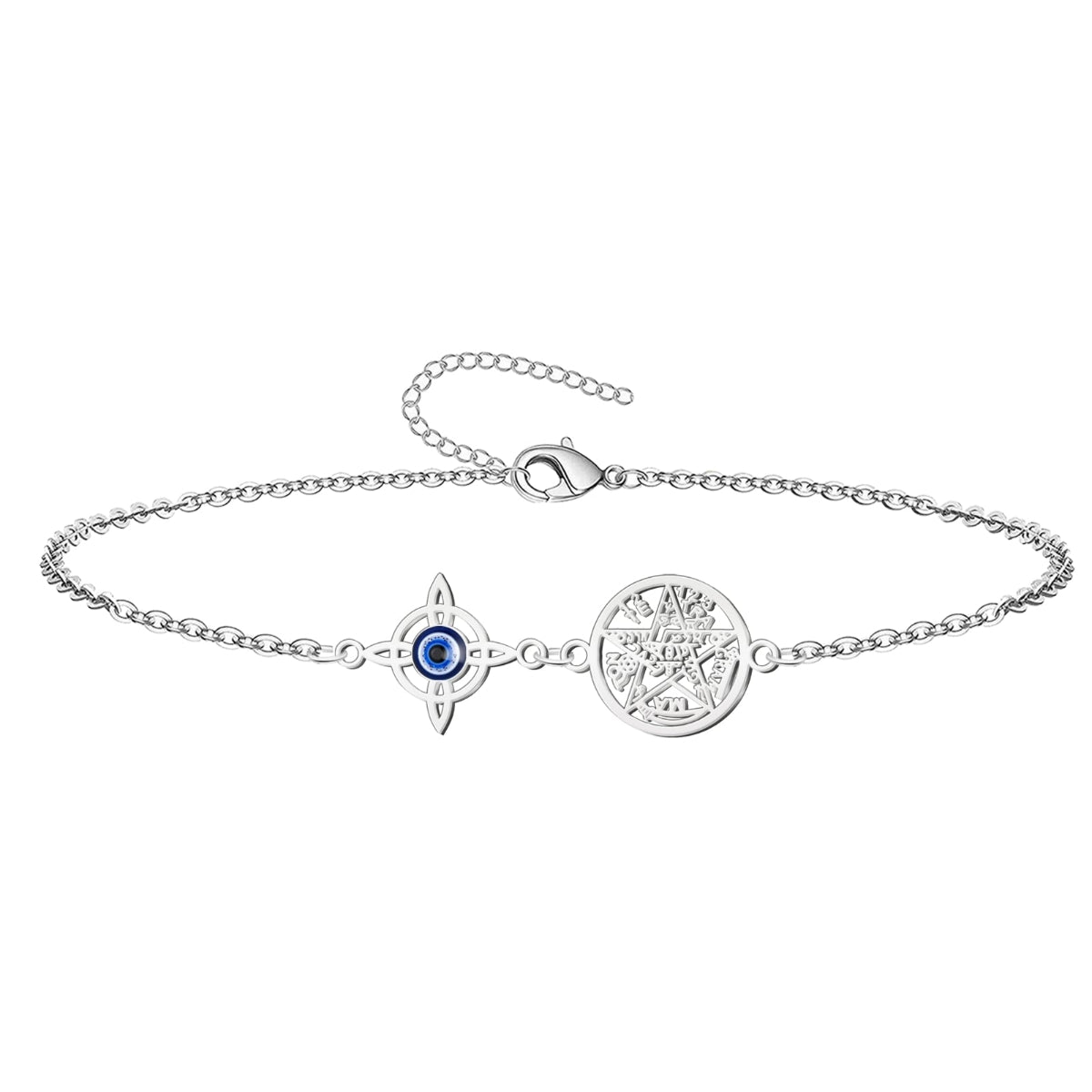 Pulsera de acero inoxidable plateado con dos amuletos: un Nudo de Bruja con Ojo Turco azul en el centro y un medallón del Tetragrammaton.