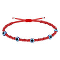Pulsera de cordón rojo trenzado con múltiples cuentas de ojo turco azul y cierre ajustable de acero.
