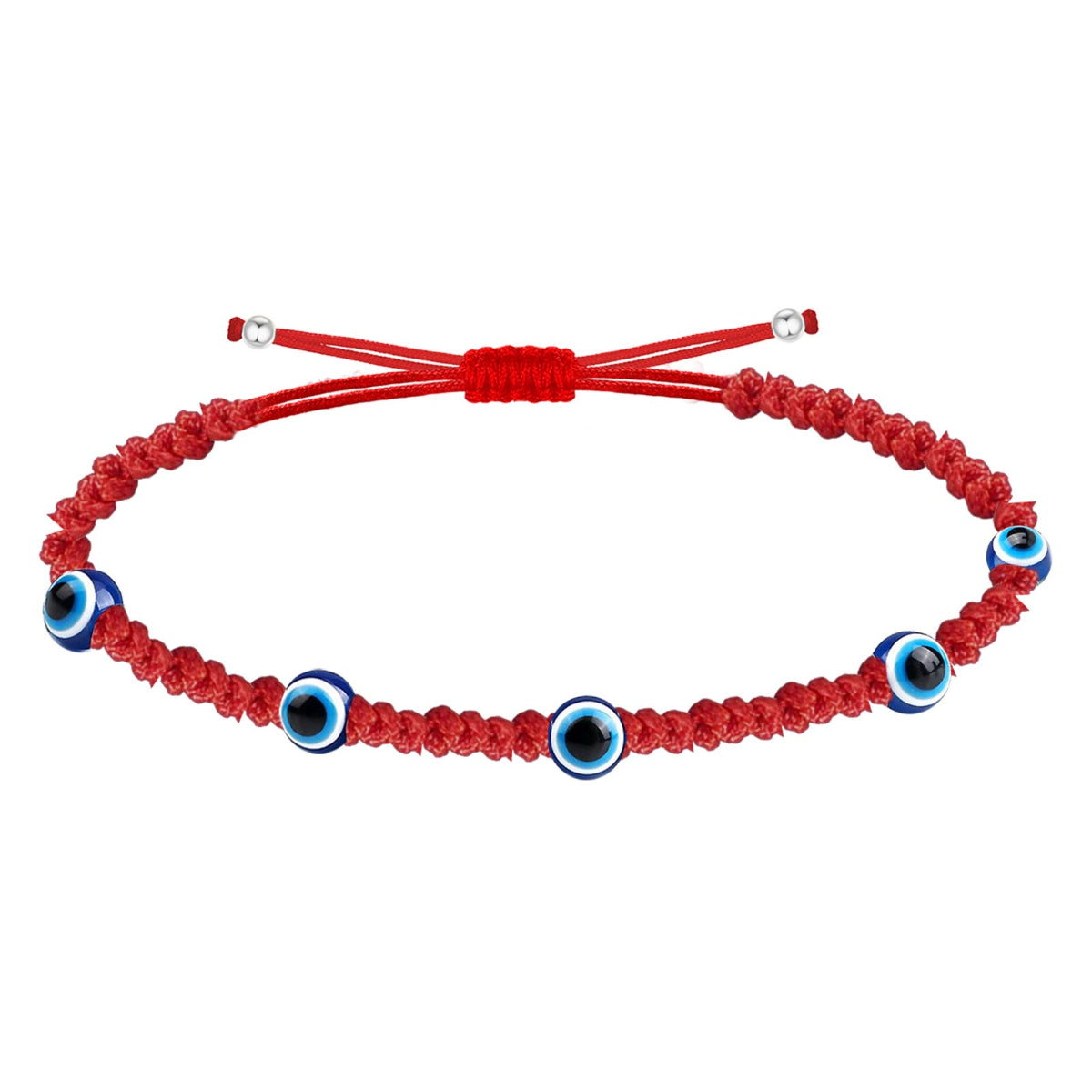 Pulsera de cordón rojo trenzado con múltiples cuentas de ojo turco azul y cierre ajustable de acero.