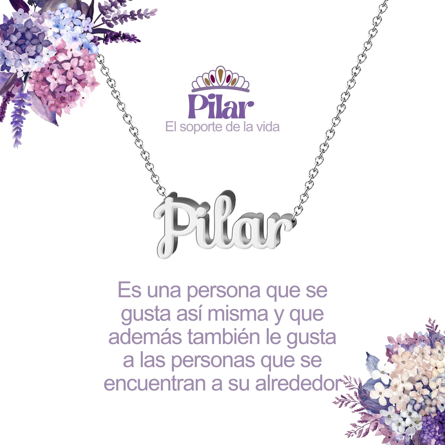 Collar con Nombre en Acero Inoxidable, Color Plateado, Incluye Tarjeta con el Significado de 60 Nombres + Caja de Regalo  y Pulsera 7 Nudos de Regalo