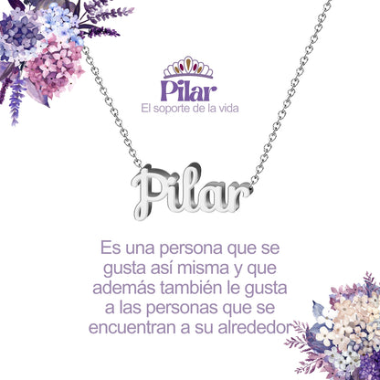Collar con Nombre en Acero Inoxidable, Color Plateado, Incluye Tarjeta con el Significado de 60 Nombres + Caja de Regalo  y Pulsera 7 Nudos de Regalo