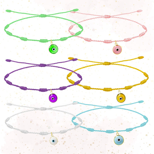✨6 Pulseras 7 Nudos con Ojo de Turco 🧿 Hecha a Mano 🌈 Varios Colores con Significado Especial 💫 Incluye Tarjeta Diseñada 🎁 Amuleto de Protección y Suerte 🍀