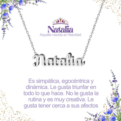 Collar con Nombre en Acero Inoxidable, Color Plateado, Incluye Tarjeta con el Significado de 60 Nombres + Caja de Regalo  y Pulsera 7 Nudos de Regalo