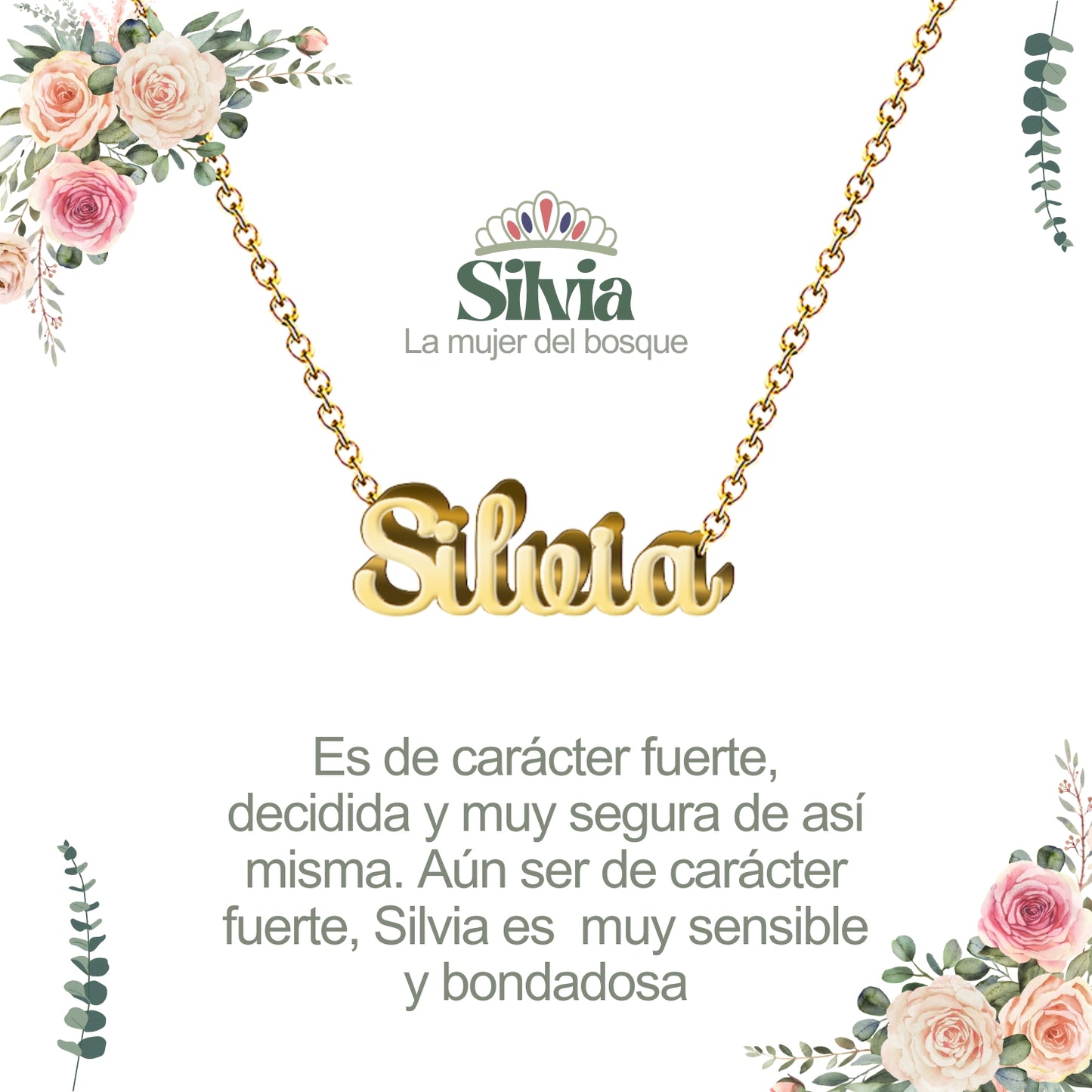 Collar con Nombre en Acero Inoxidable, Color Dorado, Incluye Tarjeta con el Significado de 60 Nombres + Caja de Regalo  y Pulsera 7 Nudos de Regalo