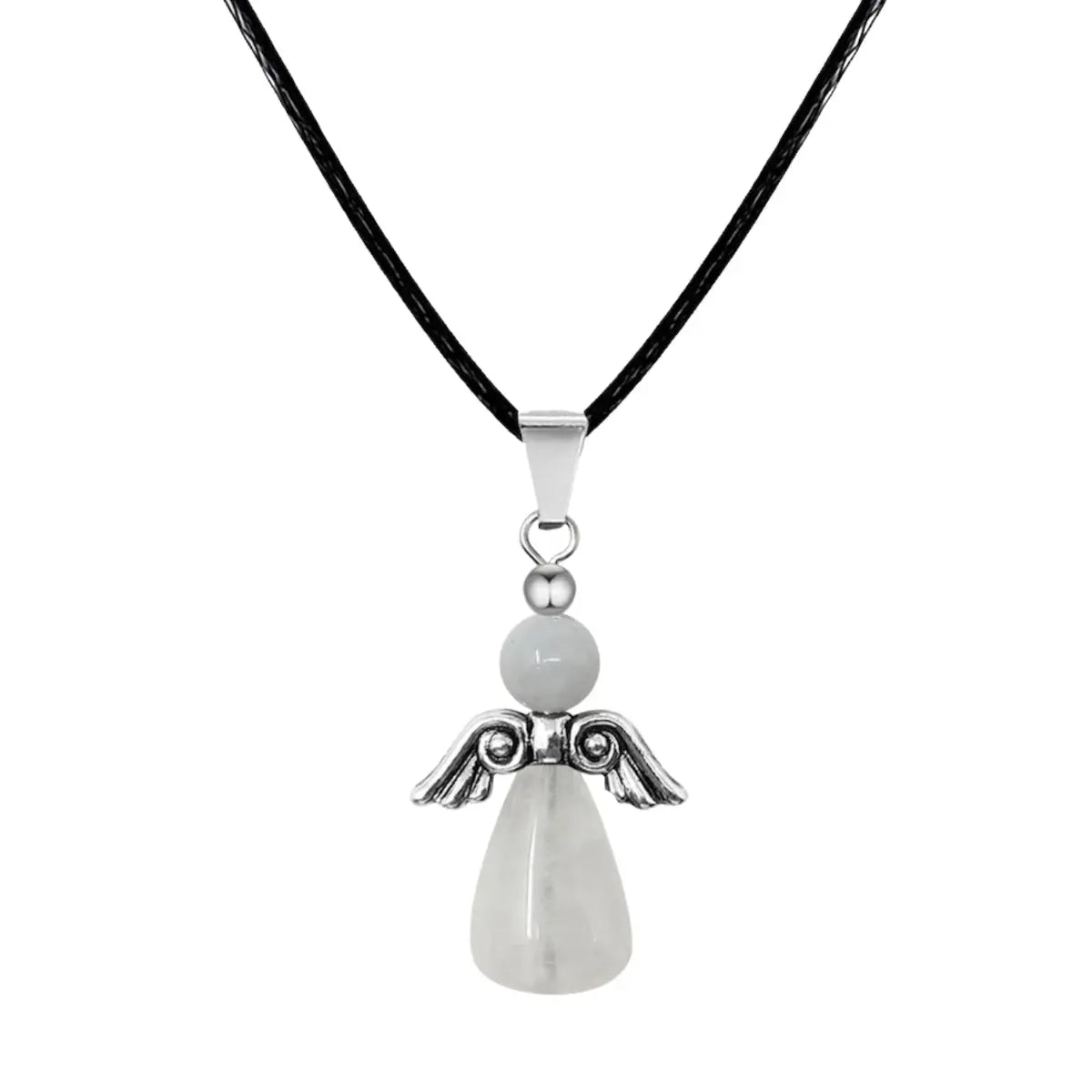 Colgante de Ángel de la Guarda tallado en cuarzo blanco lechoso semitransparente con alas de metal plateado y cordón negro, amuleto de limpieza energética.