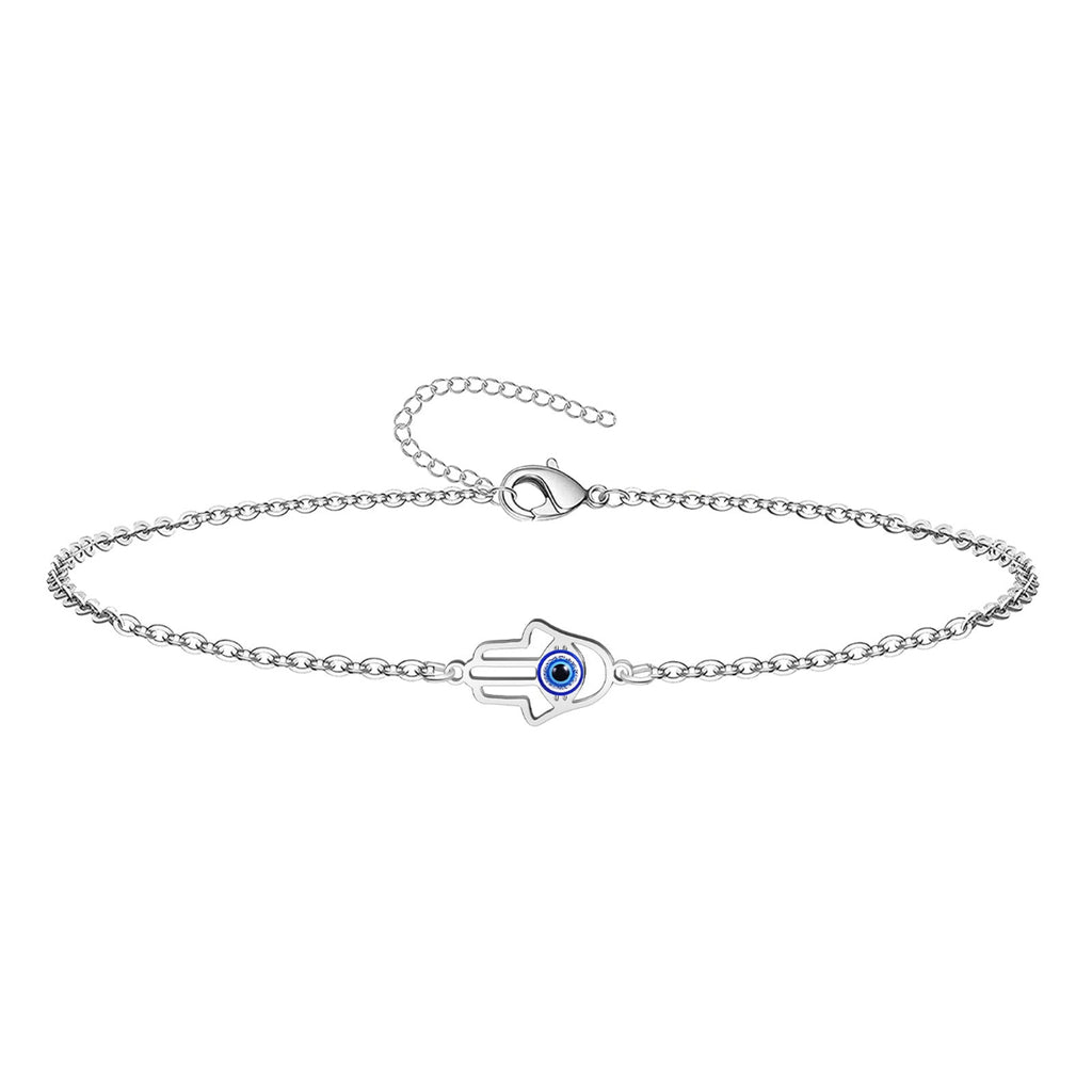 Pulsera de cadena fina plateada con amuleto de Mano de Fátima y ojo turco central en acero inoxidable.