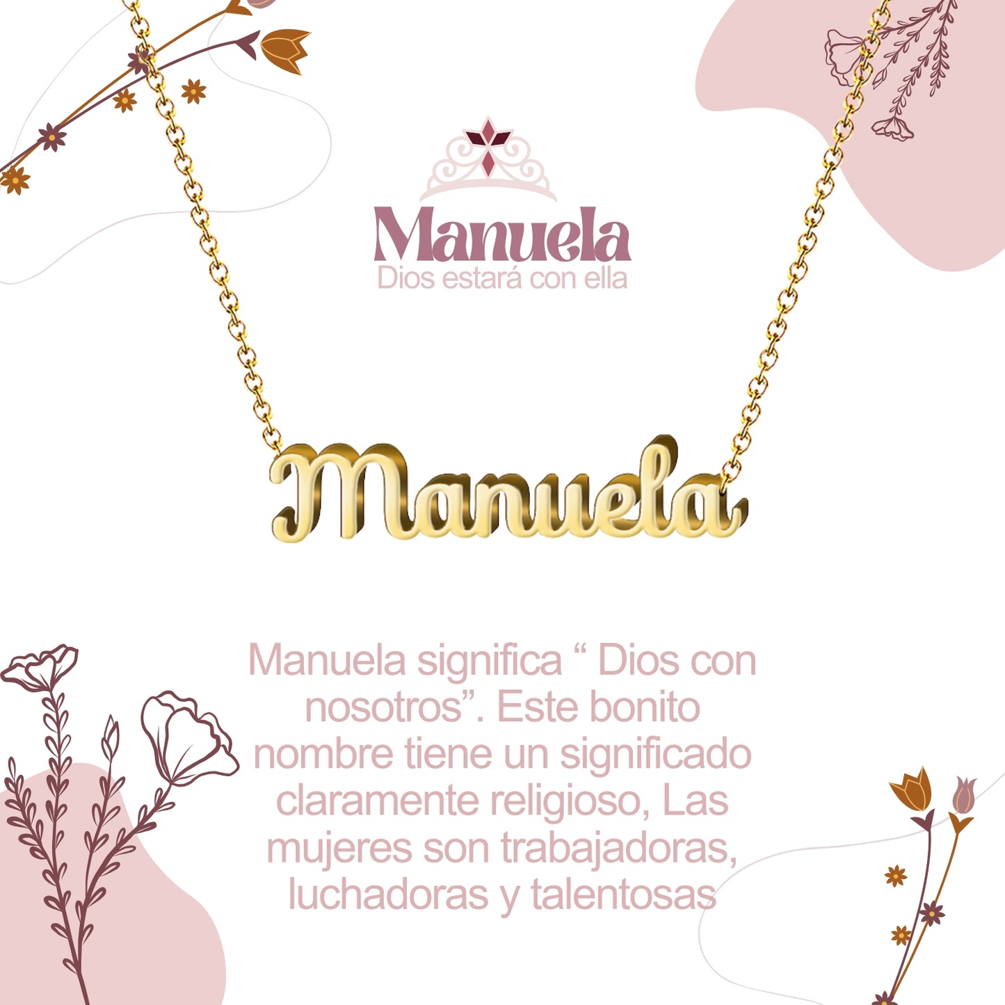 Collar con Nombre en Acero Inoxidable, Color Dorado, Incluye Tarjeta con el Significado de 60 Nombres + Caja de Regalo  y Pulsera 7 Nudos de Regalo