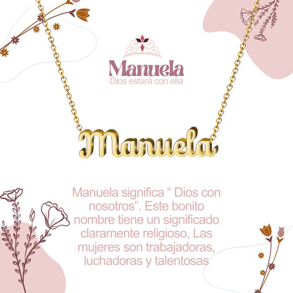 Collar con Nombre en Acero Inoxidable, Color Dorado, Incluye Tarjeta con el Significado de 60 Nombres + Caja de Regalo  y Pulsera 7 Nudos de Regalo