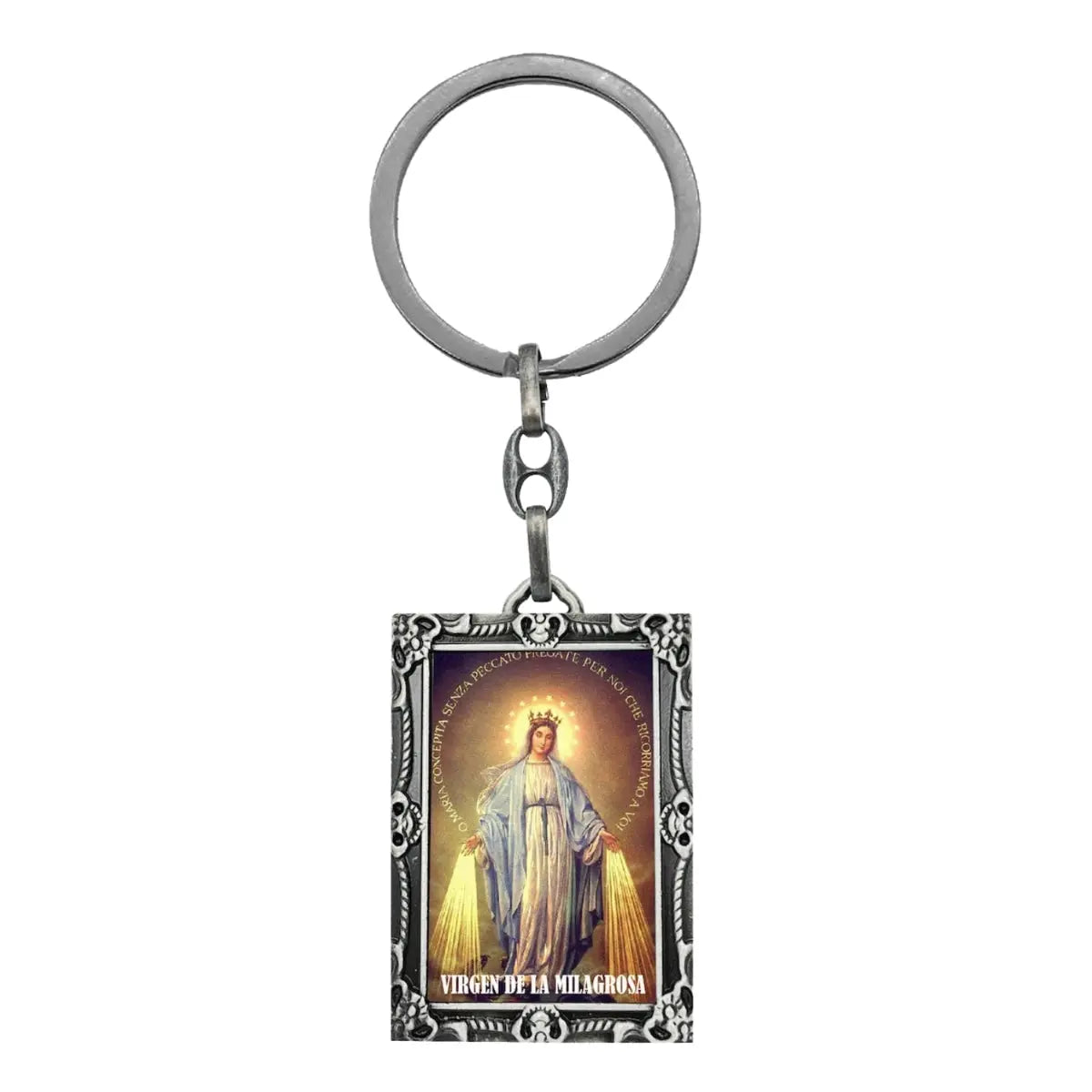 Llavero Virgen de la Milagrosa rectangular metal plateado imagen a color Virgen de los Rayos regalo religioso católico protección