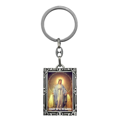Llavero Virgen de la Milagrosa rectangular metal plateado imagen a color Virgen de los Rayos regalo religioso católico protección
