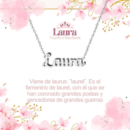 Collar con Nombre en Acero Inoxidable, Color Plateado, Incluye Tarjeta con el Significado de 60 Nombres + Caja de Regalo  y Pulsera 7 Nudos de Regalo