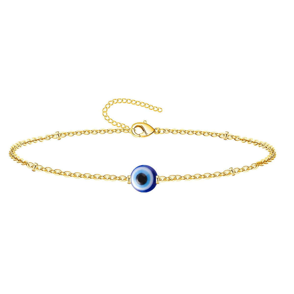 Pulsera de cadena fina dorada con colgante de ojo turco azul central y cierre de mosquetón ajustable.