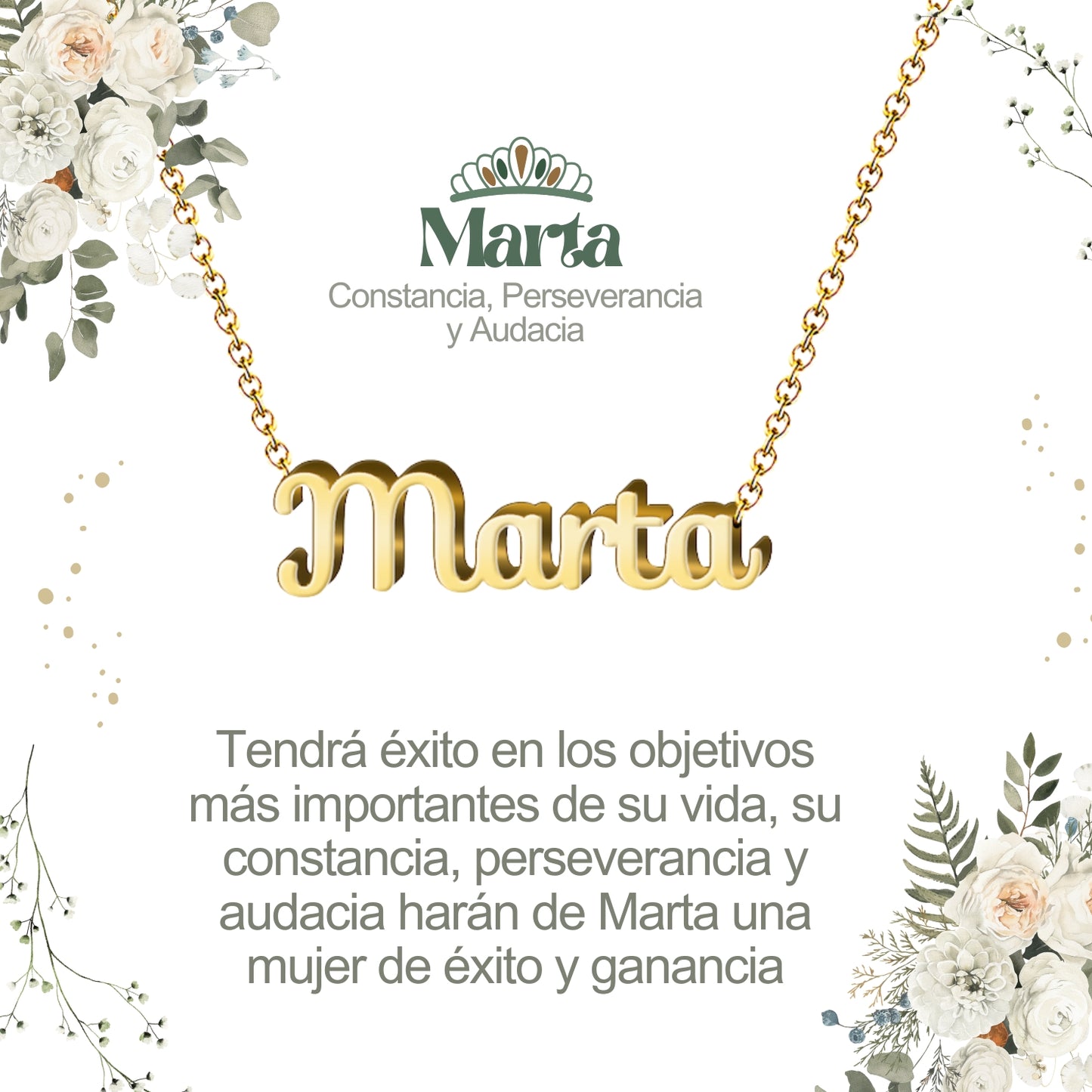 Collar con Nombre en Acero Inoxidable, Color Dorado, Incluye Tarjeta con el Significado de 60 Nombres + Caja de Regalo  y Pulsera 7 Nudos de Regalo
