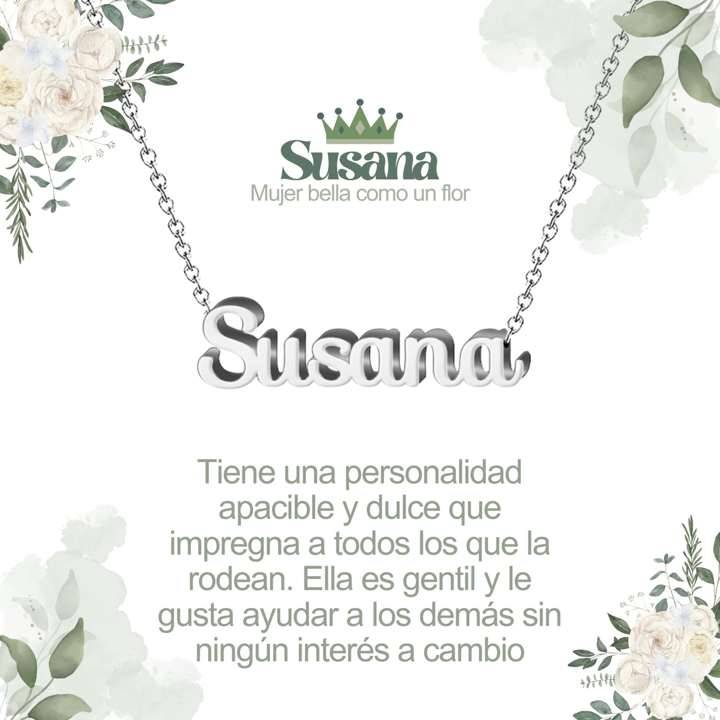 Collar con Nombre en Acero Inoxidable, Color Plateado, Incluye Tarjeta con el Significado de 60 Nombres + Caja de Regalo  y Pulsera 7 Nudos de Regalo