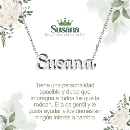 Collar con Nombre en Acero Inoxidable, Color Plateado, Incluye Tarjeta con el Significado de 60 Nombres + Caja de Regalo  y Pulsera 7 Nudos de Regalo