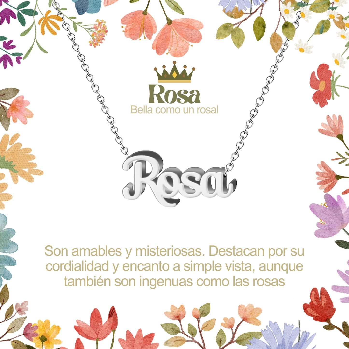 Collar con Nombre en Acero Inoxidable, Color Plateado, Incluye Tarjeta con el Significado de 60 Nombres + Caja de Regalo  y Pulsera 7 Nudos de Regalo