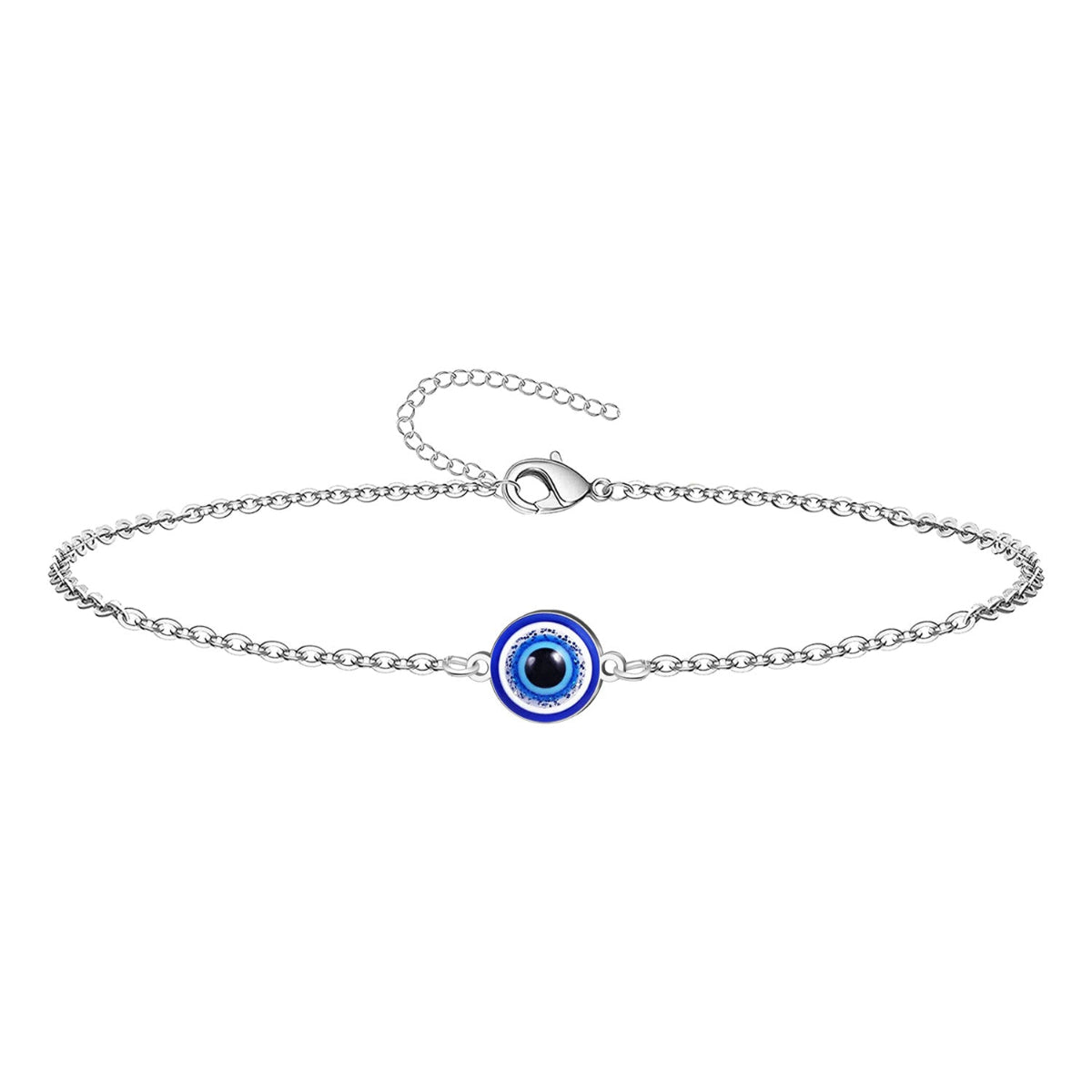 Pulsera de cadena fina plateada en acero inoxidable con un amuleto central de ojo turco azul y cierre ajustable.