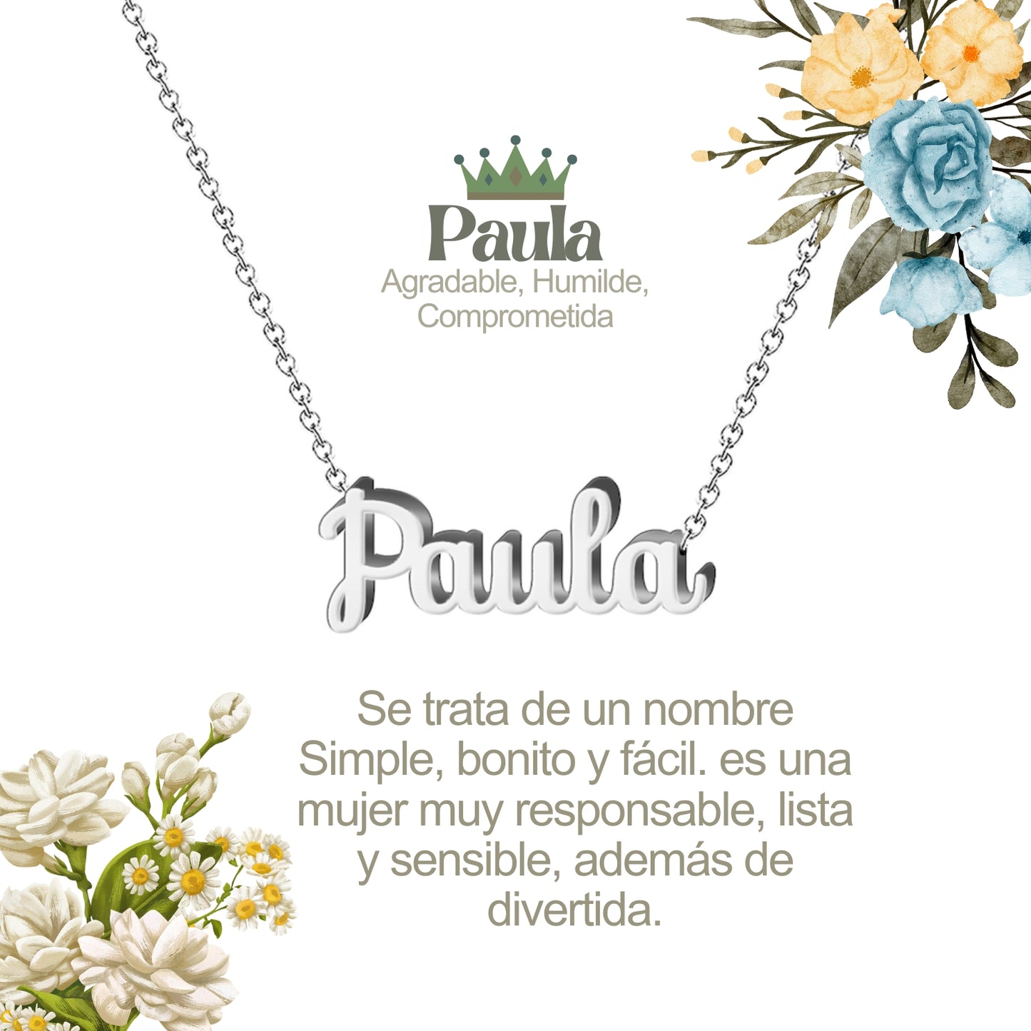 Collar con Nombre en Acero Inoxidable, Color Plateado, Incluye Tarjeta con el Significado de 60 Nombres + Caja de Regalo  y Pulsera 7 Nudos de Regalo