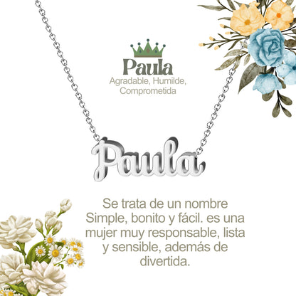Collar con Nombre en Acero Inoxidable, Color Plateado, Incluye Tarjeta con el Significado de 60 Nombres + Caja de Regalo  y Pulsera 7 Nudos de Regalo