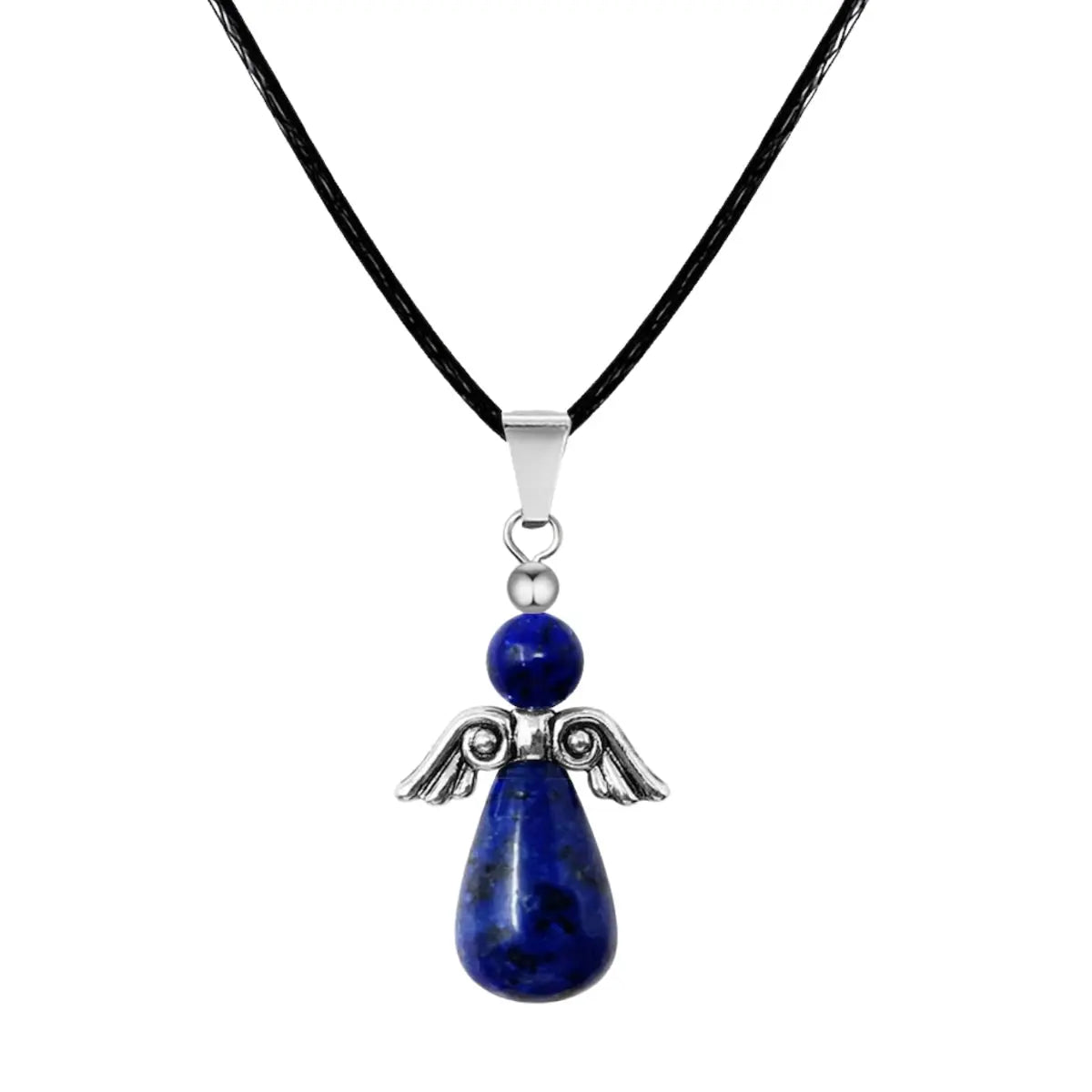 Colgante con forma de ángel hecho con cuentas de lapislázuli azul profundo y alas de metal plateado, amuleto espiritual con cordón negro.