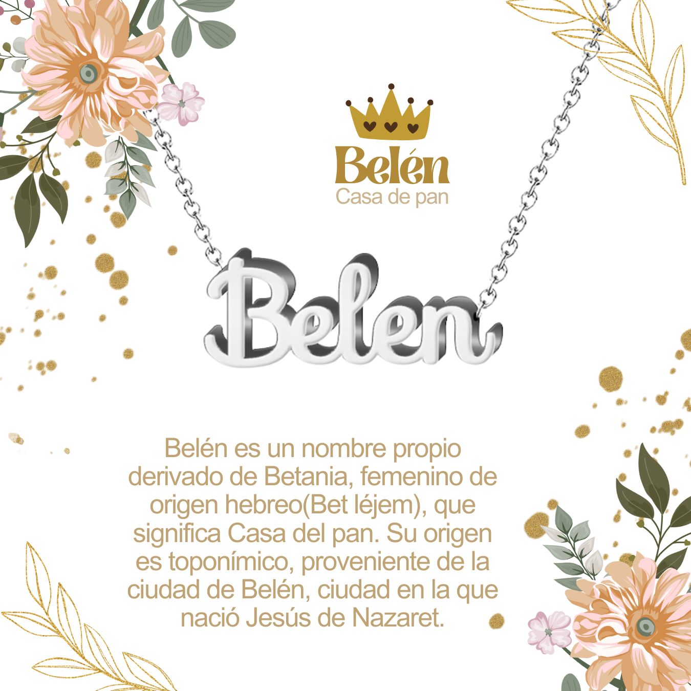 Collar con Nombre en Acero Inoxidable, Color Plateado, Incluye Tarjeta con el Significado de 60 Nombres + Caja de Regalo  y Pulsera 7 Nudos de Regalo