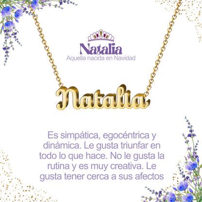 Collar con Nombre en Acero Inoxidable, Color Dorado, Incluye Tarjeta con el Significado de 60 Nombres + Caja de Regalo  y Pulsera 7 Nudos de Regalo
