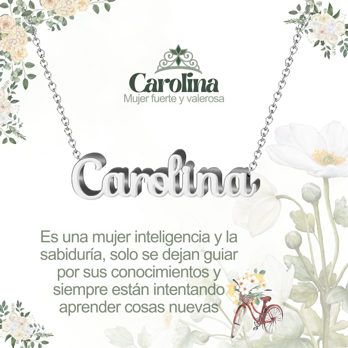 Collar con Nombre en Acero Inoxidable, Color Plateado, Incluye Tarjeta con el Significado de 60 Nombres + Caja de Regalo  y Pulsera 7 Nudos de Regalo