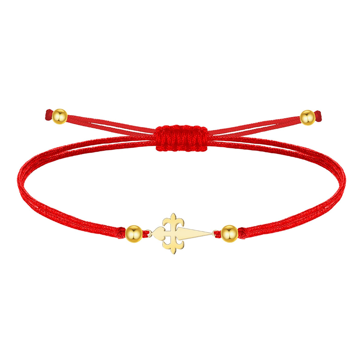 Pulsera de hilo rojo liso con una Cruz de Santiago central en acero dorado, decorada con esferas metálicas doradas y cierre ajustable de nudo corredizo.